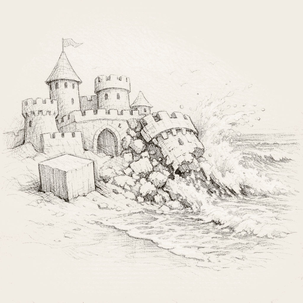 A sand castle meeting the tide